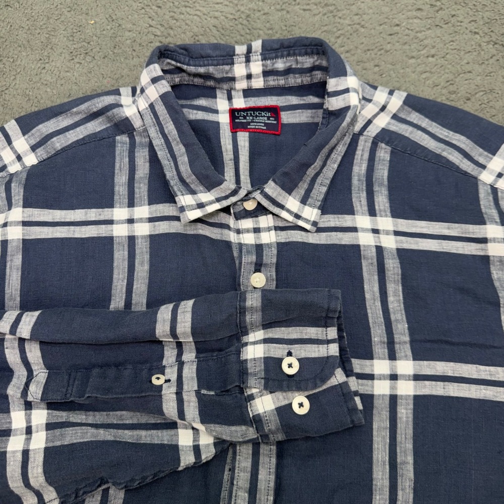 UNTUCKit Button Down Shirt Mens XXL Blue Plaid Linen Relaxed Fit Long Sleeve